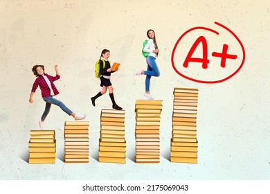Composite collage image of three happy small kids step walk book pile stack stairs A grades isolated on painted background - Shutterstock ID 2175069043