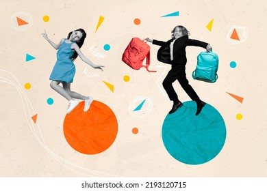 Composite collage image of two excited funny kids black white colors jump hold backpack isolated on creative painted background