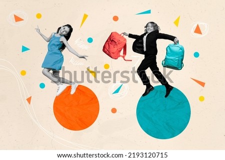 Composite collage image of two excited funny kids black white colors jump hold backpack isolated on creative painted background