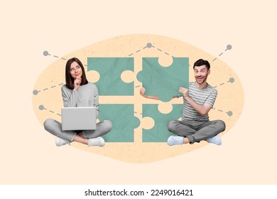 Composite collage image of two positive mini people girl use netbook brainstorming excited guy hold puzzle piece isolated on painted background - Shutterstock ID 2249016421