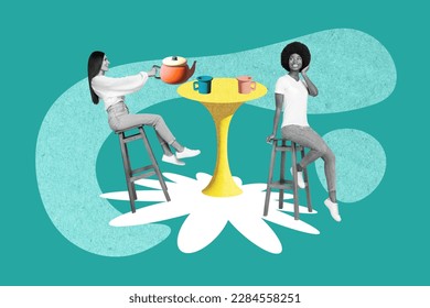 Composite collage image of two positive black white colors girls sit stool pour tea pot cup isolated on creative background - Powered by Shutterstock