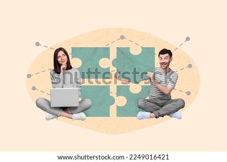 Composite collage image of two positive mini people girl use netbook brainstorming excited guy hold puzzle piece isolated on painted background