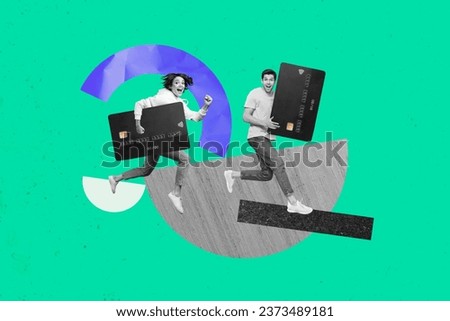 Composite collage image two young people friends shopaholic bringing huge plastic cards cashless transactions isolated on green background