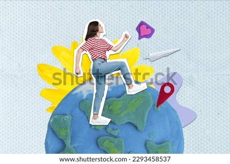 Composite collage image of walking young woman planet earth have fun travelling journey weird freak bizarre unusual fantasy billboard