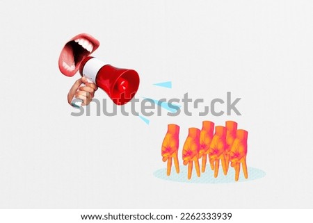 Composite collage image of yelling talking mouth scream loudspeaker mini standing people arms fingers isolated on white background