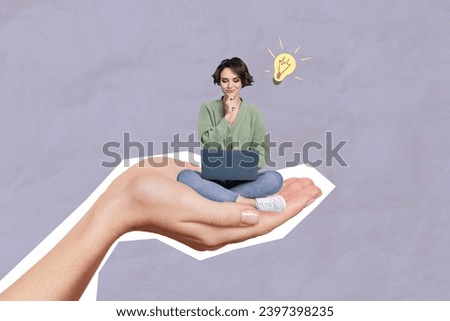 Composite collage image of young clever female palm hold laptop electric bulb brilliant idea thoughtful bizarre unusual fantasy billboard