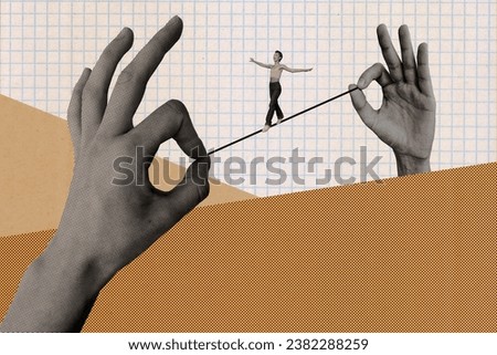 Composite collage image of young female walk tightrope wire hands hold risk taker circus workaholic balance magazine sketch