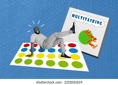 Composite collage image of young funny man playing twister game multitasking have fun businessman worker entrepreneur freelancer