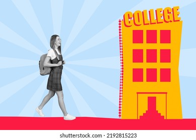 Composite Collage Image Of Young Girl Black White Colors Walking Drawing College Building Isolated On Creative Background