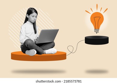 Composite Collage Of Intelligent Smart Girl Black White Colors Sitting Use Wireless Netbook Painted Light Bulb Bright Mind Concept