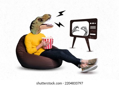 Composite Collage Of Person Dinosaur Head Sitting Beanbag Eat Popcorn Watch Tv Isolated On Creative Background