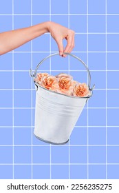 Composite collage photo artwork of advertisement hand hold bucket pink beige roses delivery fresh flowers isolated on plaid blue background - Shutterstock ID 2256235275