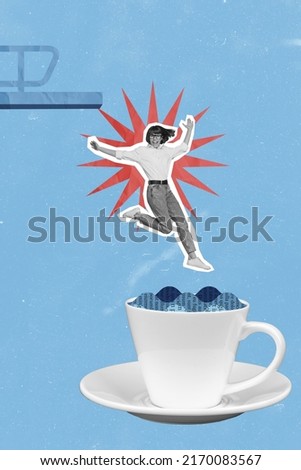 Composite collage photo of black white color effect jumping off trampoline to coffee cup full of work isolated on blue background