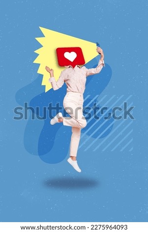 Composite collage photo of young headless popular blogger girl addicted social media popularity recording video selfie isolated on blue background