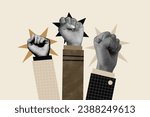 Composite collage picture of black white colors people arms raise fists punch protest showing power isolated on painted background