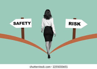 Composite collage picture of black white colors business lady walking choose safety risk direction path isolated on drawing background - Shutterstock ID 2255033651