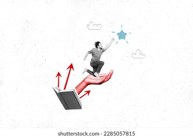 Composite collage picture of black white gamma opened book arm palm hold mini excited guy reach clouds sky star isolated on painted background - Powered by Shutterstock