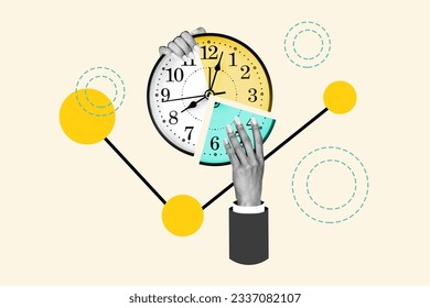 Composite collage picture of black white colors arms hold wall watch clock diagram piece isolated on drawing beige background - Powered by Shutterstock