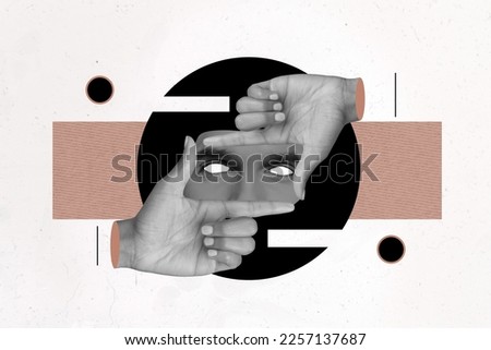 Composite collage picture of black white colors arms fingers demonstrate cadre gesture face piece eyes isolated on painted background