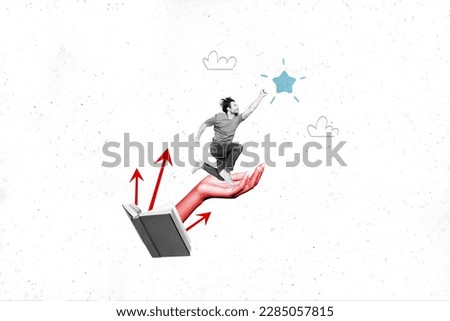 Composite collage picture of black white gamma opened book arm palm hold mini excited guy reach clouds sky star isolated on painted background