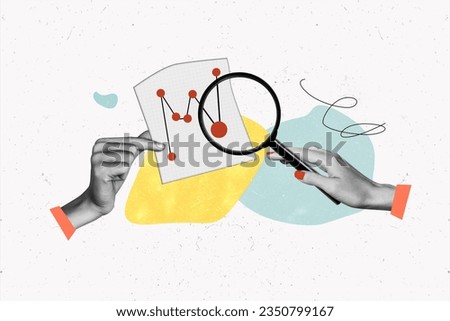 Composite collage picture of black white colors arms hold magnifier lens glass enlarge graphics paper isolated on painted background