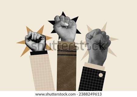Composite collage picture of black white colors people arms raise fists punch protest showing power isolated on painted background