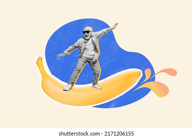 Composite collage picture crazy excited person black white effect surfing large banana isolated drawing background