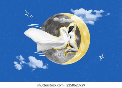 Composite collage picture of excited black white colors girl hands hold blanket flying dull moon night clouds sky - Shutterstock ID 2258623929