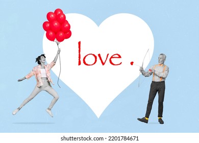 Composite Collage Picture Of Excited Girl Black White Gamma Hold Air Balloons Aged Man Shoot Bow Arrow Heart Isolated On Drawing Background