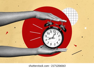 Composite collage picture of hands black white colors hold demonstrate vintage classic clock isolated on creative background