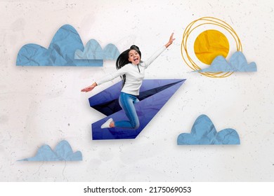 Composite Collage Picture Of Happy Small Girl Sit Flight Paper Plane Isolated On Painted Clouds Sky Sun Background