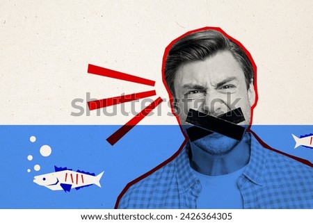 Composite collage picture image of angry man stressed taped mouth drown water fish weird freak bizarre unusual fantasy billboard