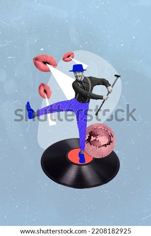 Composite collage picture image of energetic funny funky gentleman dancing boogie woogie vinyl retro record woman lips light disco ball
