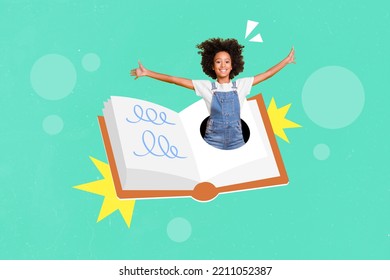 Composite Collage Picture Image Of Excited Happy Little Schoolgirl Pupil Reading Inside Book School Day Year Enjoy Knowledge Shopping Promo