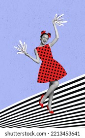 Composite Collage Picture Image Of Excited Cute Young Woman Retro Vintage Dress Party Disco Cheerleader Have Fun Dancing Drawing Background