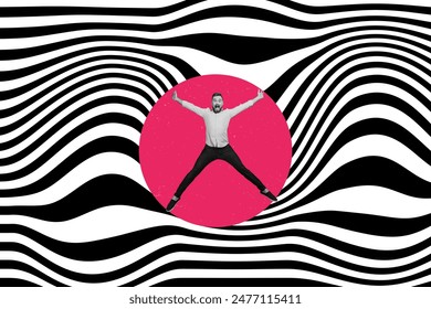 Composite collage picture image of excited man stretch hands legs circle striped waves surrealism shopping ad fantasy billboard comics zine - Powered by Shutterstock