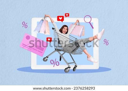Composite collage picture image of excited happy young female riding trolley shopping bags supermarket have fun sales enjoy discount