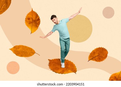 Composite collage picture image of funky careful little man keep balance flying golden leaves imagination inspiration drawing background