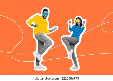 Composite collage picture image of funny funky couple friends dance have fun celebrate holiday party disco victory bizarre unusual fantasy - Shutterstock ID 2228386973