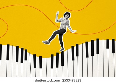 Composite collage picture image of funny female dancing pianist create music musician have fun bizarre unusual fantasy billboard comics - Powered by Shutterstock