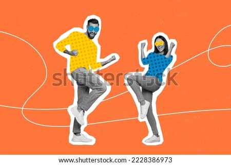 Composite collage picture image of funny funky couple friends dance have fun celebrate holiday party disco victory bizarre unusual fantasy