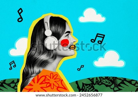Composite collage picture image of funny female listen music summer vacation summer fantasy billboard comics zine