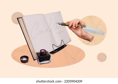 Composite collage picture image of hand hold write retro vintage pen feather writer author poem poetry inkwell novelist drawing background