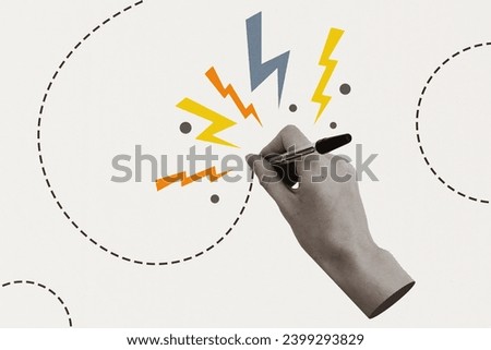 Composite collage picture image of hand hold pen writing drawing student make notes weird freak bizarre unusual fantasy billboard