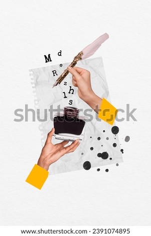 Composite collage picture image of hands hold feather ink pot letters vintage novel writing surrealism template metaphor artwork concept