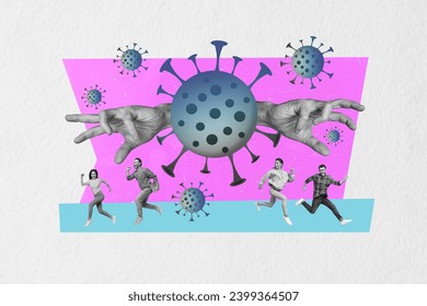 Composite collage picture image of run away people afraid virus hands catch spread epidemic bacteria weird freak bizarre unusual fantasy