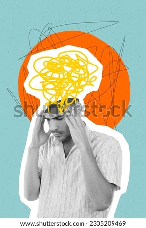 Composite collage picture image of stressed man mess chaos head thoughts minded deep thinking depression confused emotions stress