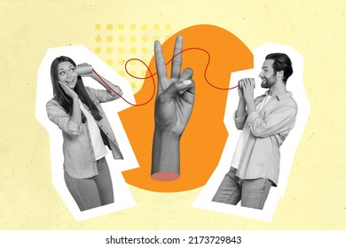 Composite collage picture image of two excited crazy people black white effect speak play cup game huge hand demonstrate v-sign