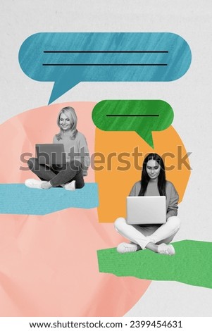 Composite collage picture image of two female virtual remotely working communication surrealism metaphor psychedelic unusual fantasy