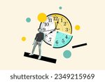 Composite collage picture of impressed mini guy staring big wall watch clock diagram isolated on painted creative background